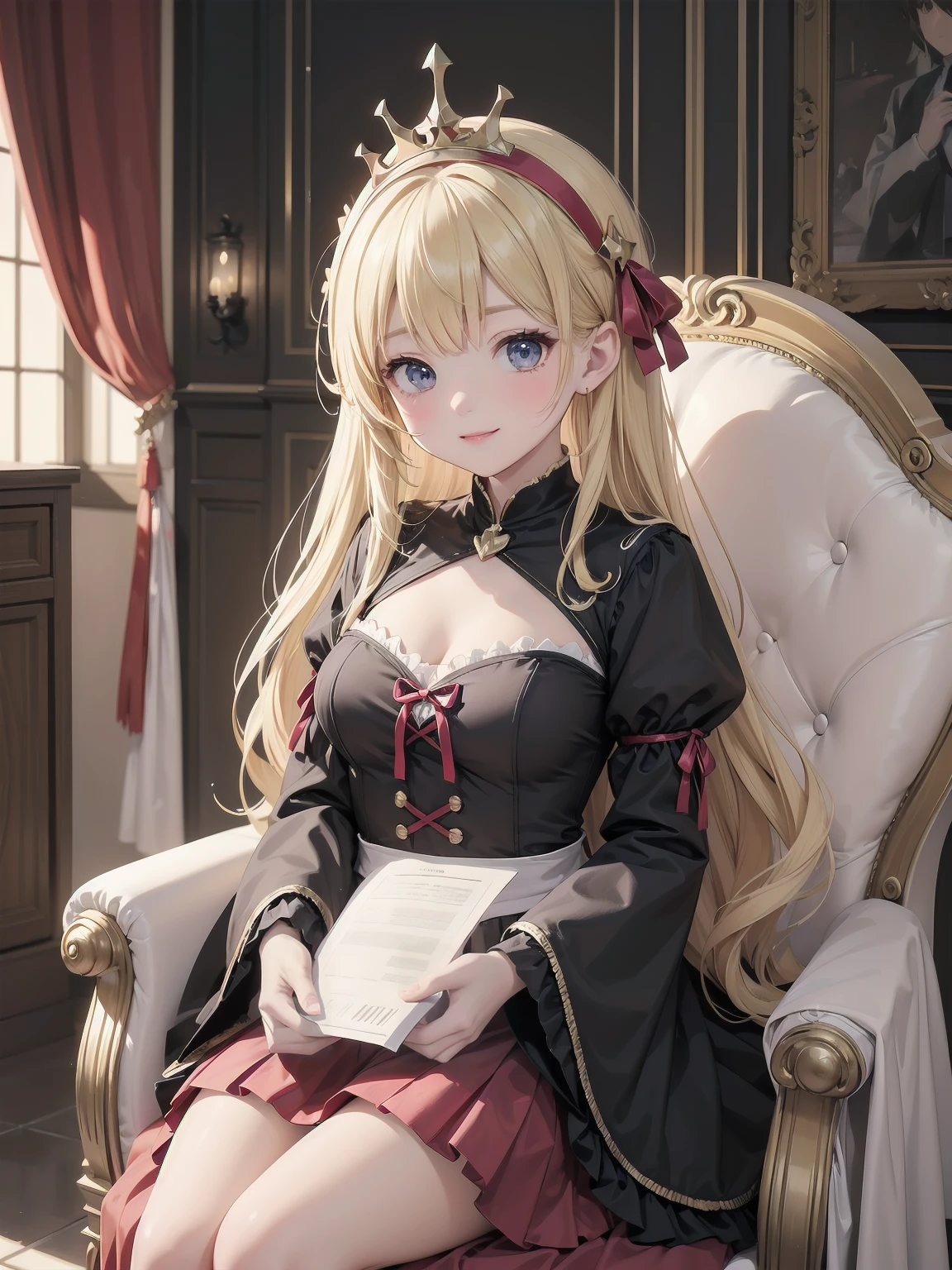 score_9, score_8_up, score_7_up, score_6_up, source_anime, 1girl, solo,  defAlexia, long hair, blonde hair, red hairband, brooch, red ballgown, puffy sleeves, frilled sleeves, looking at you, smile, sitting on throne, throne, indoors, stone walls, worried, hand to own chest