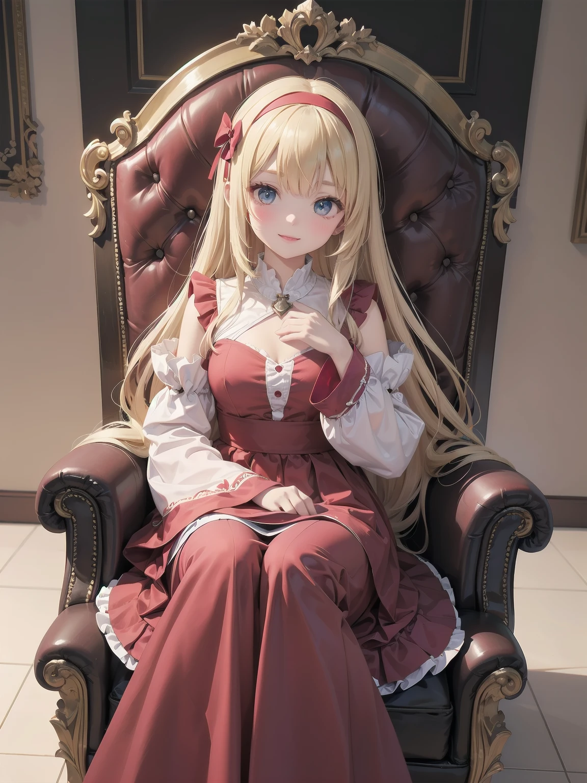 score_9, score_8_up, score_7_up, score_6_up, source_anime, 1girl, solo, defAlexia, long hair, blonde hair, red hairband, brooch, red ballgown, puffy sleeves, frilled sleeves, looking at you, smile, sitting on throne, throne, indoors, stone walls, worried, hand to own chest