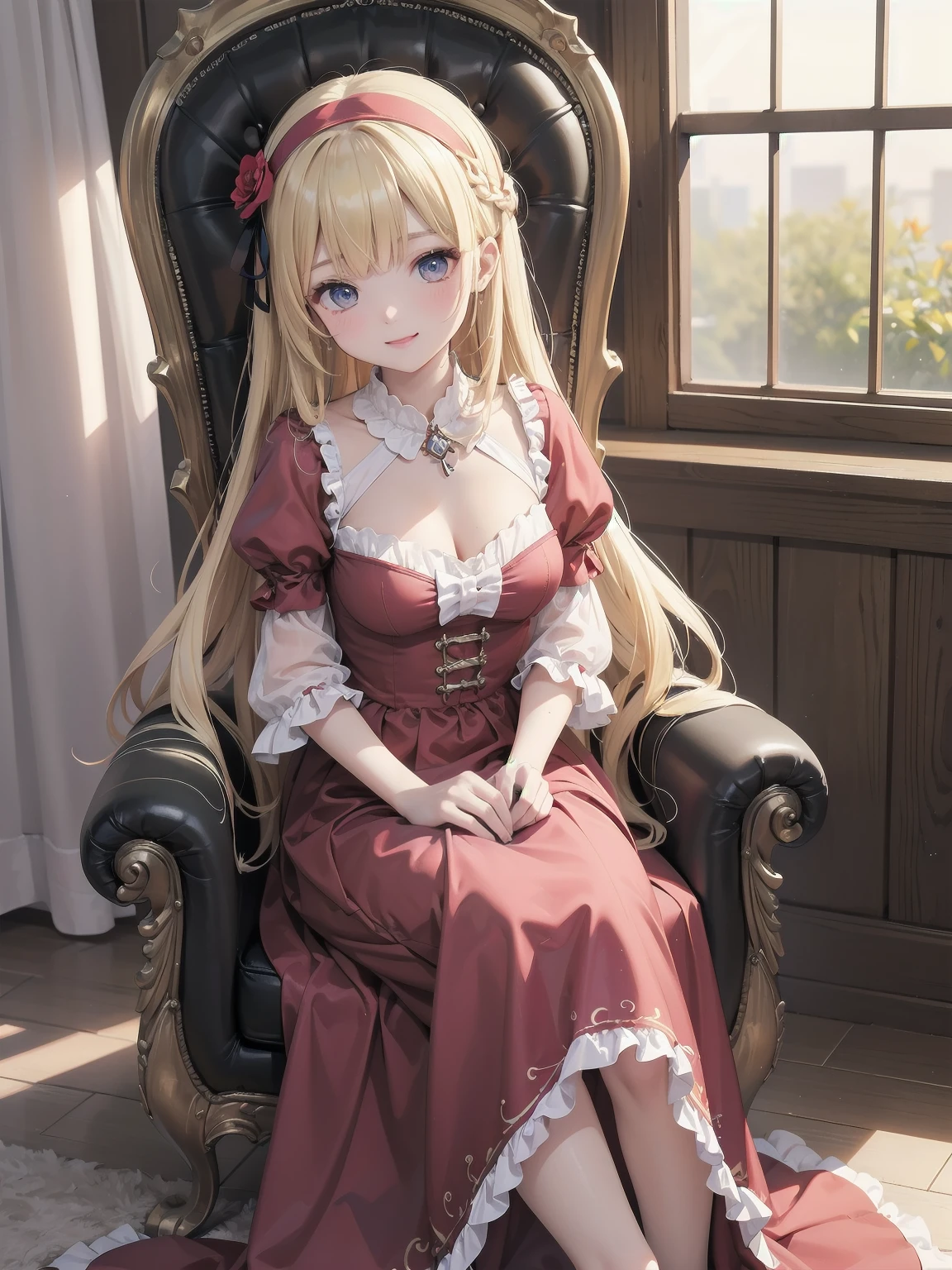 score_9, score_8_up, score_7_up, score_6_up, source_anime, 1girl, solo, defAlexia, long hair, blonde hair, red hairband, brooch, red ballgown, puffy sleeves, frilled sleeves, looking at you, smile, sitting on throne, throne, indoors, stone walls, worried, hand to own chest