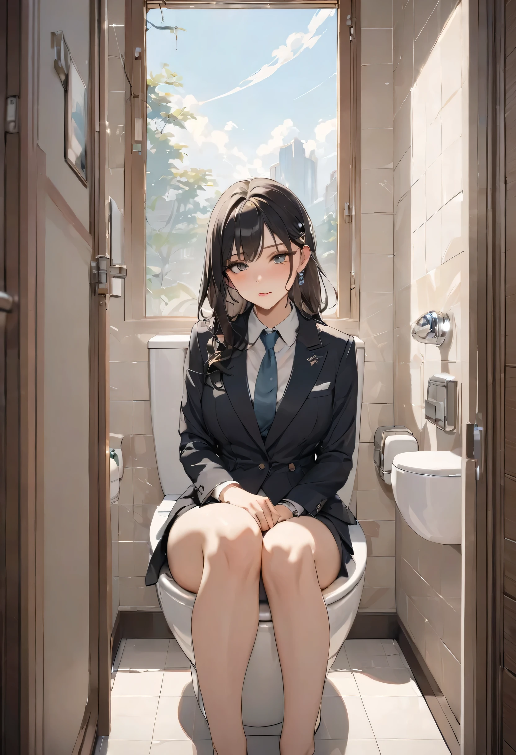 Beautiful, modern western-style toilet with washlet。A lady in a suit is sitting seriously。A toilet where fresh air comes in through a small window。16K, Masterpiece.