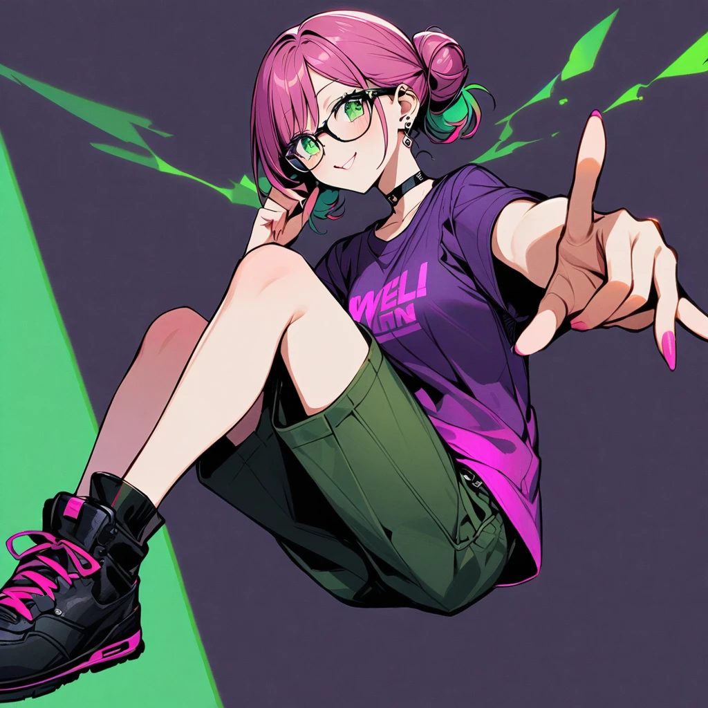 (well done: 1) one woman, dark pink hair with light green tips tied into two large double low buns, green eyes, earrings, glasses, black leather choker, purple t-shirt, dark green shorts, black sneakers