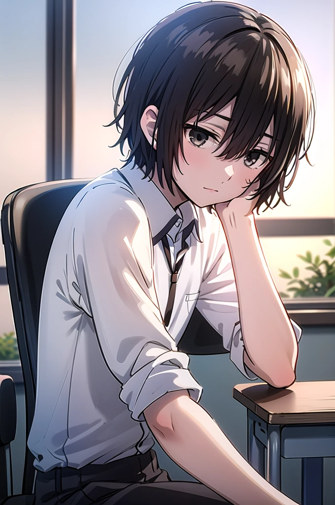 ((best quality)), ((masterpiece)), (detailed), boy, high , bored look, blank look, disinterested look, resting on desk, folded chair, empty classroom, black hair, black eyes, sketch, alone, windows seat. half body, face. 