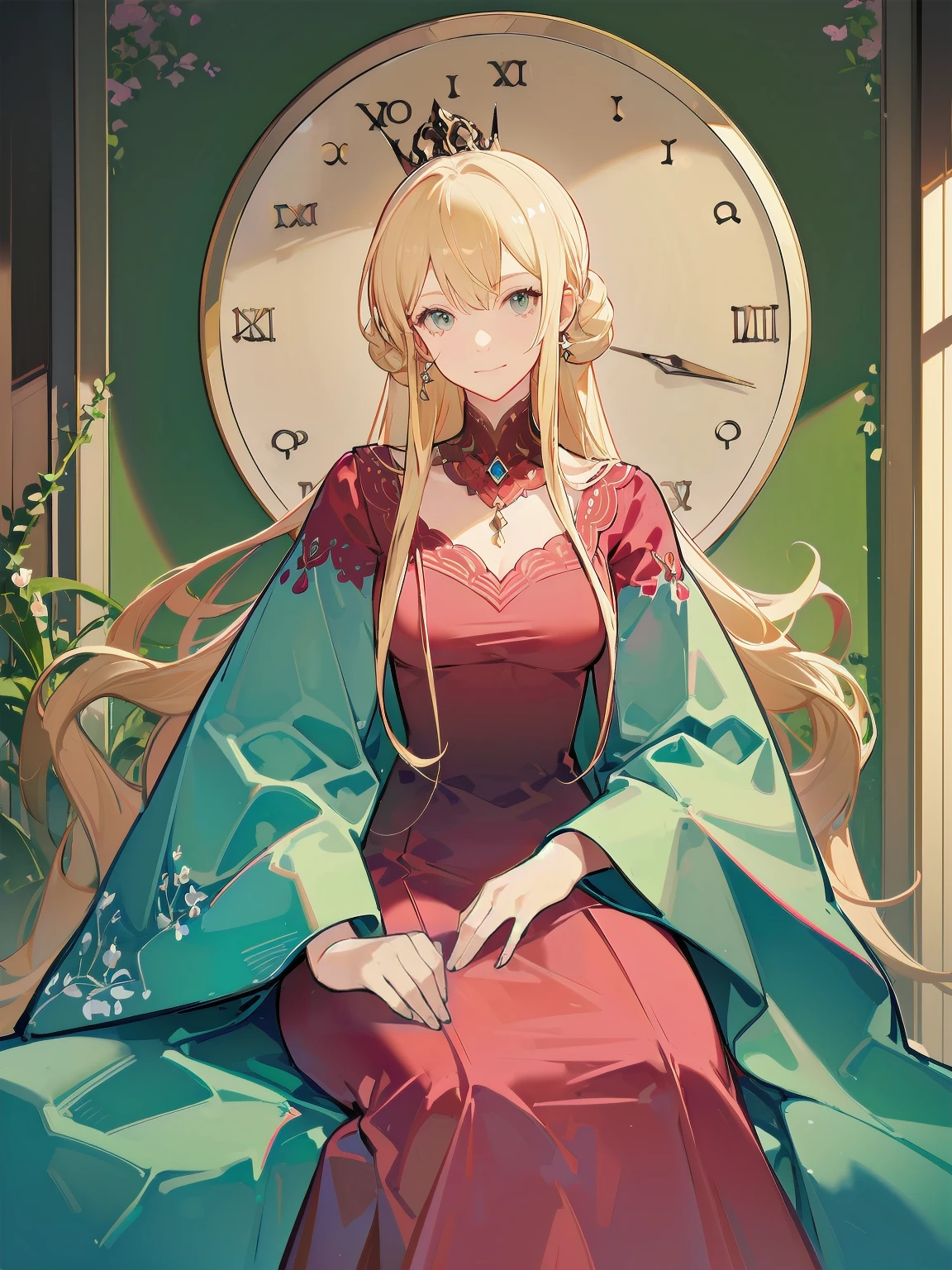 score_9, score_8_up, score_7_up, score_6_up, source_anime, 1girl, solo,  defAlexia, long hair, blonde hair, red hairband, brooch, red ballgown, puffy sleeves, frilled sleeves, looking at you, smile, sitting on throne, throne, indoors, stone walls, worried, hand to own chest