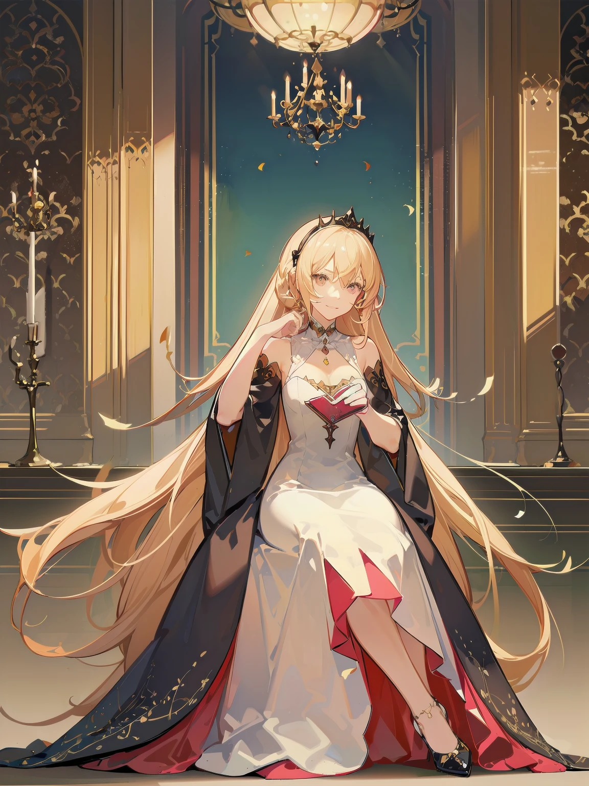 score_9, score_8_up, score_7_up, score_6_up, source_anime, 1girl, solo,  defAlexia, long hair, blonde hair, red hairband, brooch, red ballgown, puffy sleeves, frilled sleeves, looking at you, smile, sitting on throne, throne, indoors, stone walls, worried, hand to own chest