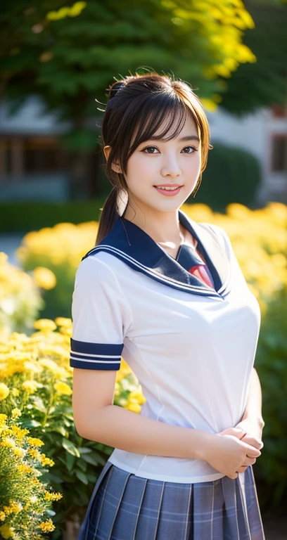 (a beautiful eurasian lady posing in a flower garden, age 28, (((full bodyesbian))), ((Girls' High School Uniforms)), short_bob_hair_ponytail, dimples, friendly & kind smile, realistic skin textures, perfect body proportion, hyper-realism, photorealistic, beautiful detailed eyes, high contrast, ultra HD, top image quality, fine details, very meticulously, the_cowboy_shot, bokeh background)
