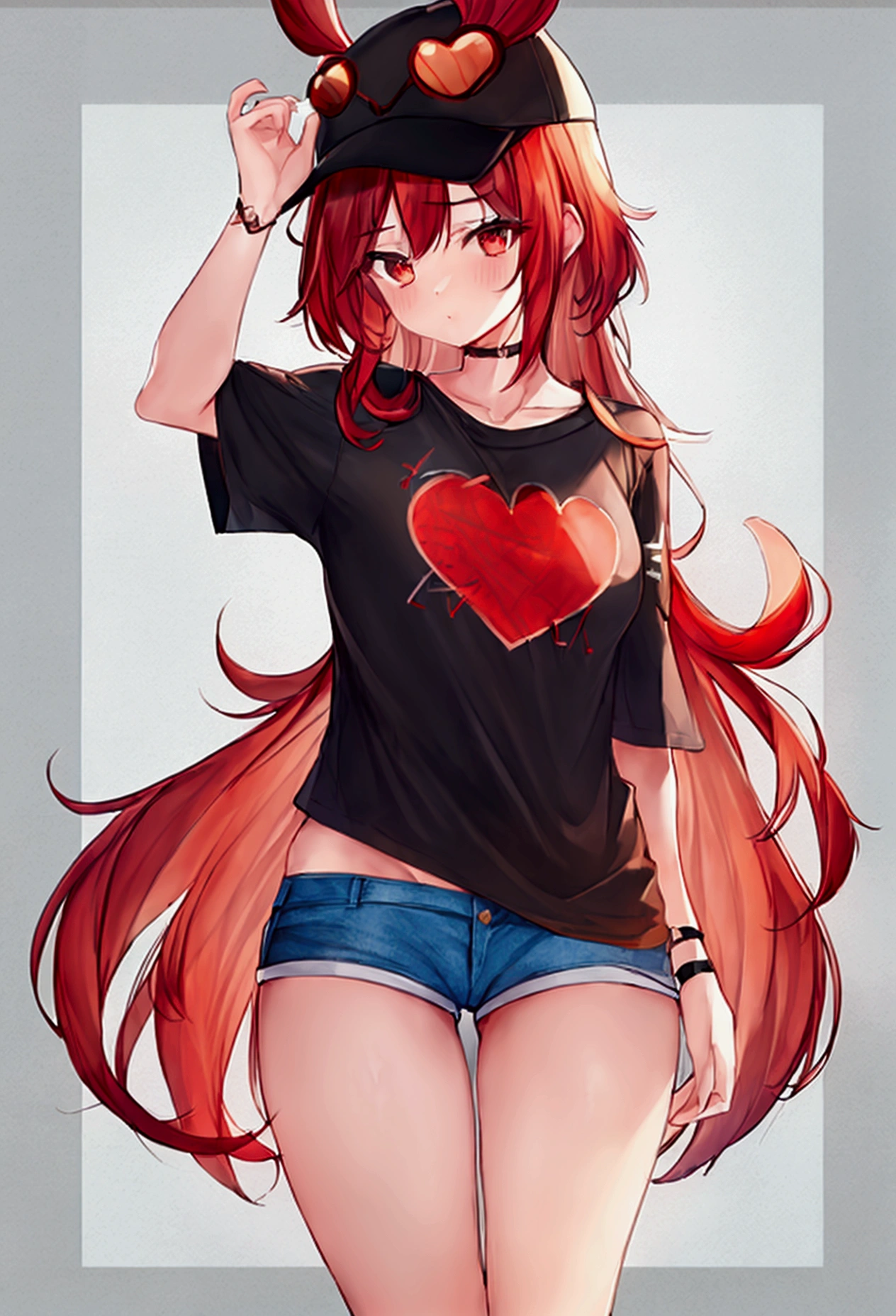 1 girl, short, redheadwear, very long and straight hair, big brown eyes, big-ass, smallbreast, wearing very short shorts and a shirt that reaches the chest with Harl written on it.(best 4k quality, vivid colors)