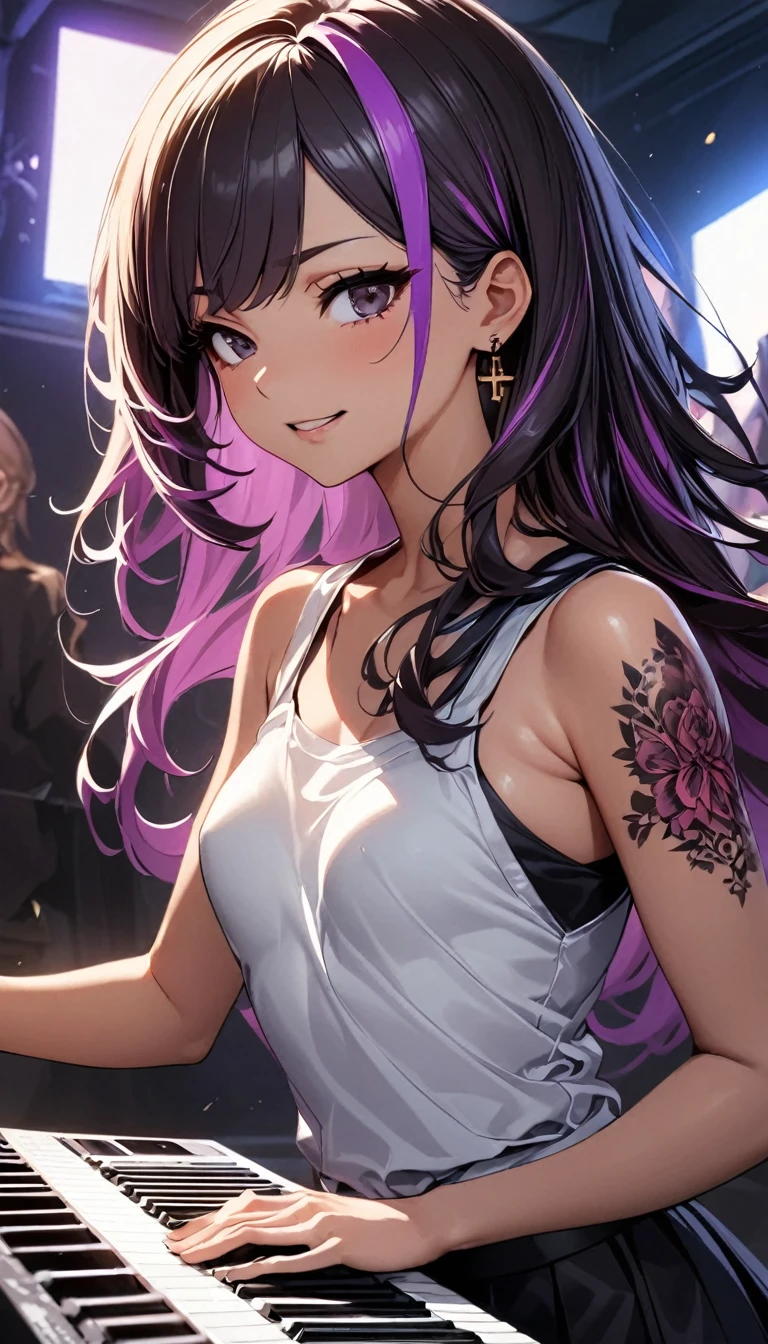 (highest quality:1.2, Very detailed, up to date, Vibrant, Ultra-high resolution, High Contrast, masterpiece:1.2, highest quality, Best aesthetics), Portraiture、girl、Rock Music、Bright colors、Beautiful fine details、Beautiful lip detail、long hair、black and purple ((streaked hair:1.6)), highlights hair: 1.5, rbrown eyes, cross earrings, slim body, small breast, Music band、Cheerful pose、tanktop and skirt, (no sleeve:1), Dynamic Movement、hypnotic sounds、amplifier、Loud music、keyboard player, (playing keyboard:1.6), two leyboards, (Floral Fineline tattoo design on left arm:1), Passionate performance、Full of emotion、Rock star attitude、Resolute expression、Rock star aura、An exciting atmosphere、music studio room
