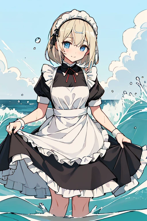 (Super best quality), (Highest quality), (Attention to detail), 
(Maid clothes, White apron, Headband, Black Dress, ribbon, Maid clothes, Classic, Long:1.4), (白と黒のMaid clothes)
Ocean, Beach, (Wave, Wave打ち), 高Wave, 荒Wave, In the water, (Waterlogged), Water Play, 
((Even my clothes are wet:1.2)), ((Even my clothes are soaked in water:1.4)), (Water Drop:1.1), Soaking wet, ((Deep water depth:1.4)), ((Entering the water with clothes on)), ((The water is shoulder deep.:1.4))
Blonde, Blue Eyes, Cat ear, tail, cute, Naughty, The best smile, 全身にWater Drop, ((全身にWater Drop:1.1)), Long, 腕にもWater Drop, Water drips from the clothes, Small breasts, (Less exposed skin:1.4), Floating offshore, The clothes are sinking, Deeper, 