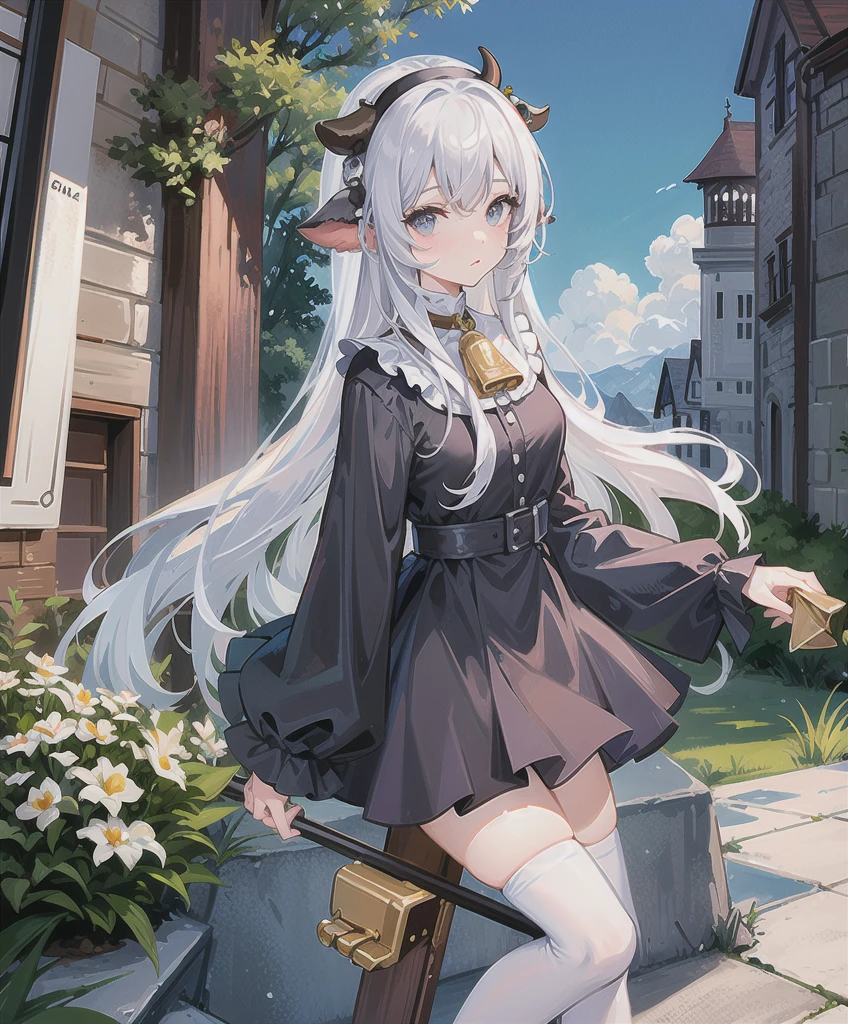 masterpiece,One girl,alone,Incredibly absurd,Veil,Nuns,Cow horn, Long Hair,Cowbell,White legwear,garden,Grass,all_Four-pronged