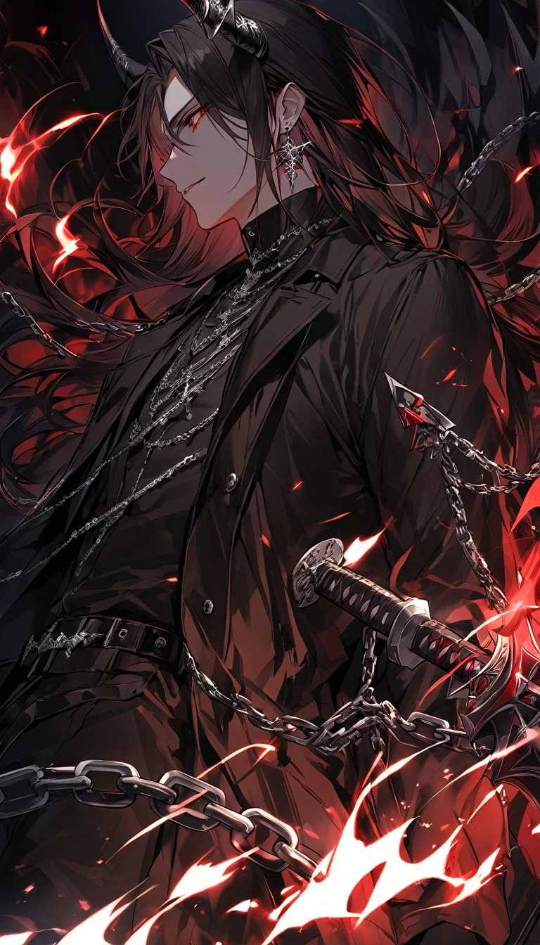 alone, good looking, 1 male, Long hair, Middle parted, Black hair, Red eyes, Black shirt, White Thailand, Black Trench Coat, Royal Silver Jewellery, Royal Demon Earrings, Black horns, Demon Crown, Demonic Katana, Chain, On Back, Demonic Black flames Aura, Side profile, fallen angel