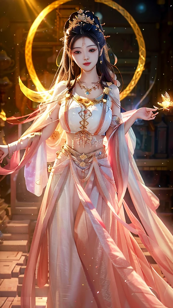 最high quality, masterpiece, High resolution, One girl,blush,(Captivating smile:0.8),Star-shaped pupils,White Dress,hair ornaments,necklace, jewelry,Beautiful Face,On top of that_body, Tyndall effect,Realistic, Dark studio, Rim Light, Two-tone lighting,(Skin with attention to detail:1.2), 8K Ultra HD, Digital SLR, Soft lighting, high quality, Volumetric lighting, Frank, photograph, High resolution, 4K, 8K, Bokeh,Huge ,Wide Hips,(Browsing Caution:0.6),