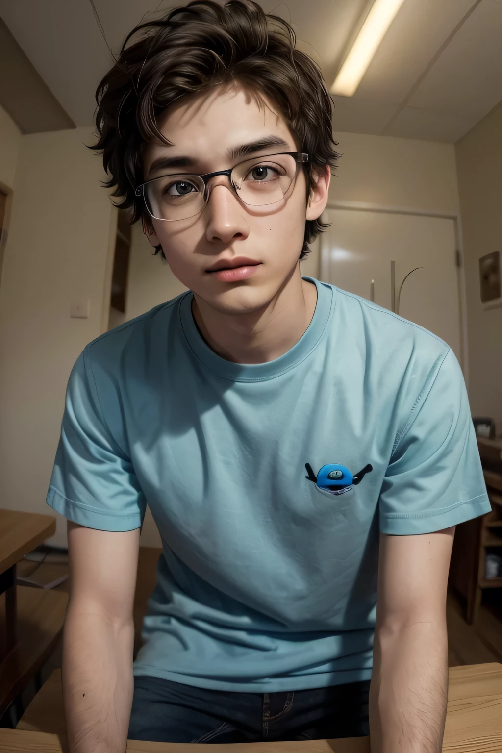 caRTOON, MAN BROWN EYED, AGE 21 YEARS OLD, BLUE SHIRT, PIXAR, NERD HACKER, LOOKONG AT THE CAMERA, FRONT VIEW