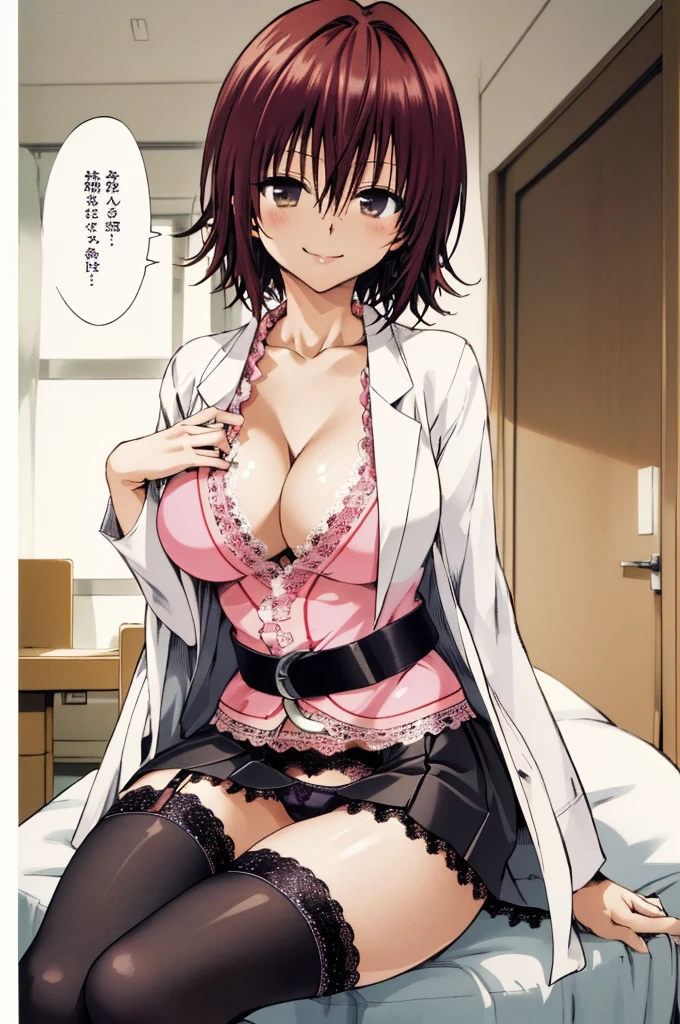 masterpiece, best quality, highres, aaryouko, short hair, cleavage, pink shirt, labcoat, belt, miniskirt, black skirt, black thighhighs, indoors, sitting, chair, smile, closed mouth,,(((lace panties))),huge breasts,open legs,spread legs