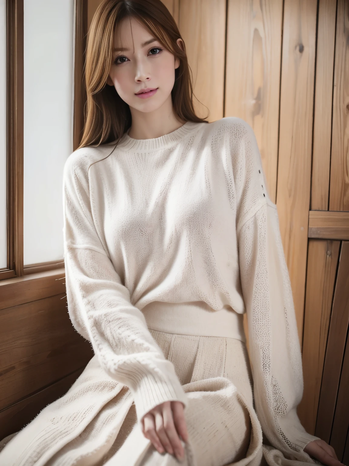 1woman, solo, close up, slender, (( sweater and long elegant shallw colored skirt)) ,((soft smiling)), (best quality,8k,highres,masterpiece:1.3), ultra-detailed, (realistic,photorealistic,photo-realistic:1.37), portrait, cinematic, warm lighting, medium format, golden hour, dramatic shadows, vibrant colors,(( at seaside area )), ((cute posing)),(( in Café))