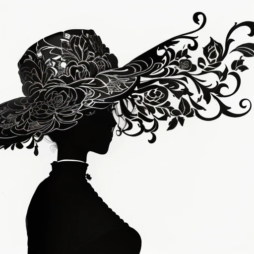 a close up of a woman wearing a hat with a floral design, detailed silhouette, black silhouette, woman with hat, elegant lady, woman silhouette, she is wearing a hat, ( ( large black hat ) ), silhouette :7, elegant woman, with hat, silhouette!!!, inspired by Aubrey Beardsley, stylized silhouette, silhouette, elegant girl