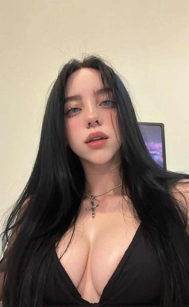 1 girl, sultry body, big boobies, seducing gaze, perfect and intense face, 8 k quality, billie eilish, blue colored eyes.