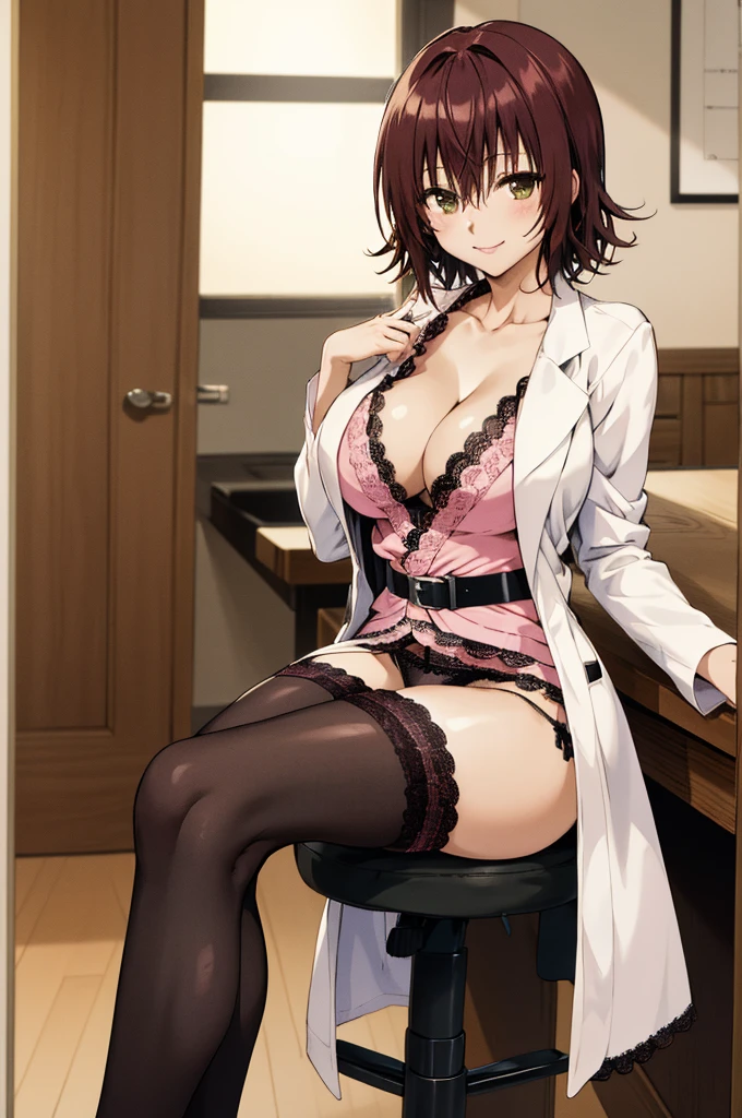 masterpiece, best quality, highres, aaryouko, short hair, cleavage, pink shirt, labcoat, belt, miniskirt, black skirt, black thighhighs, indoors, sitting, chair, smile, closed mouth,,(((lace panties))),huge breasts,open legs,spread legs