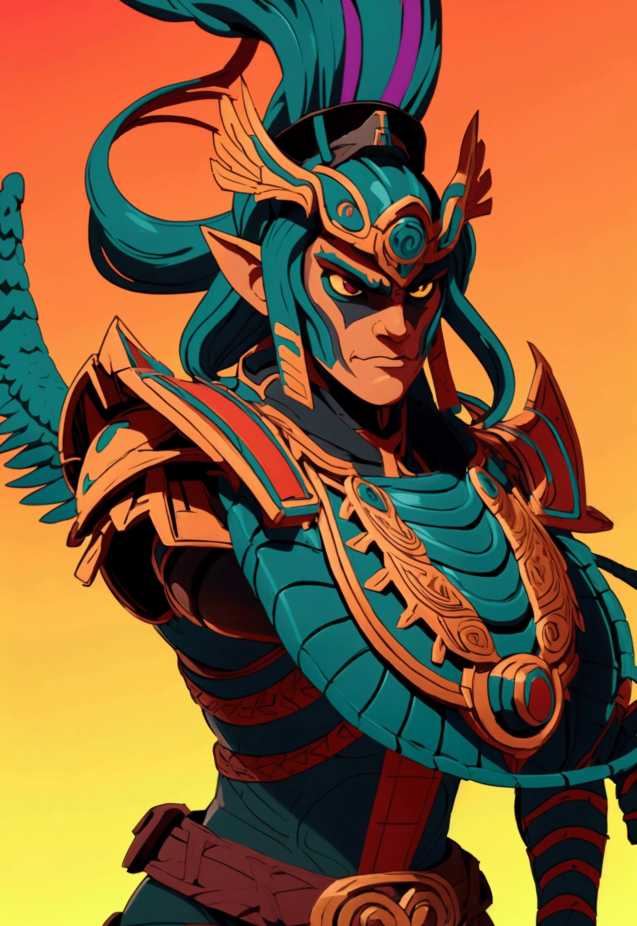 Medium shot, cel shading style, centered image, ultra detailed illustration of aztec warrior quetzalcoatl (tetradic colors), anime character, action packed, ink lines, strong contours, bold strokes, perfect features, perfect proportions, no frame, high contrast, (cell shading) :1.1), vector, 32k resolution, best quality, flat lights