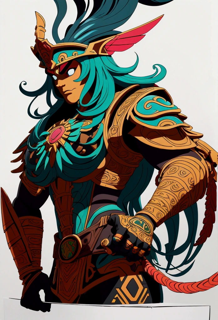 Medium shot, cel shading style, centered image, ultra detailed illustration of aztec warrior quetzalcoatl (tetradic colors), anime character, action packed, ink lines, strong contours, bold strokes, perfect features, perfect proportions, no frame, high contrast, (cell shading) :1.1), vector, 32k resolution, best quality, flat lights