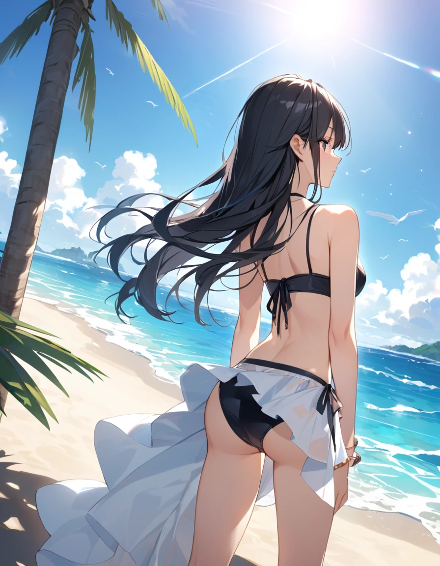 summer、Ocean、blue sky、beautiful girl、bikini、y、Low angle、Medium chest、Black Hair、Semi-long hair、Back view、hip focus