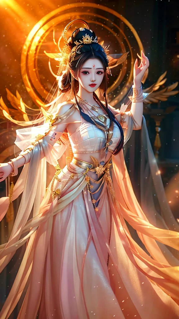 最high quality, masterpiece, High resolution, One girl,blush,(Captivating smile:0.8),Star-shaped pupils,White Dress,hair ornaments,necklace, jewelry,Beautiful Face,On top of that_body, Tyndall effect,Realistic, Dark studio, Rim Light, Two-tone lighting,(Skin with attention to detail:1.2), 8K Ultra HD, Digital SLR, Soft lighting, high quality, Volumetric lighting, Frank, photograph, High resolution, 4K, 8K, Bokeh,Huge ,Wide Hips,(Browsing Caution:0.6),