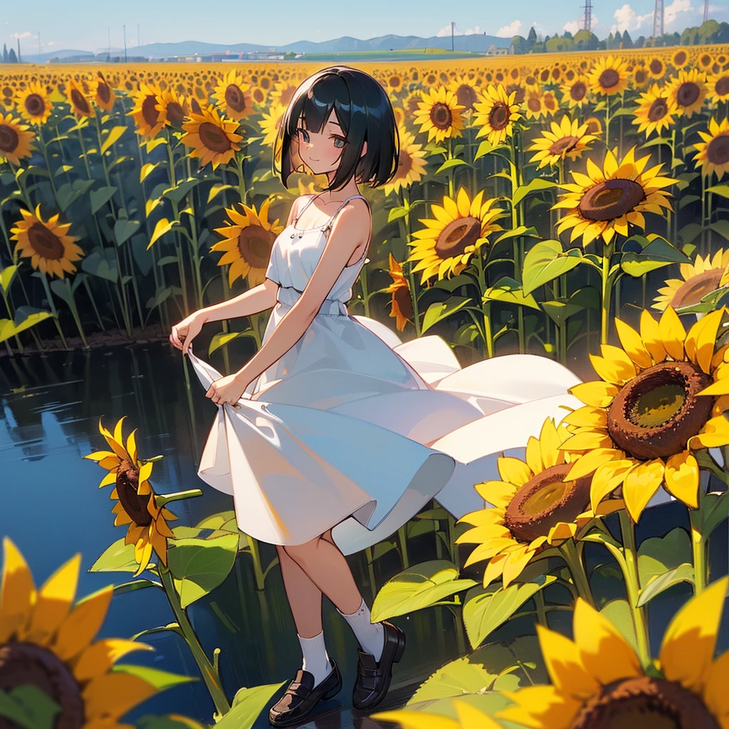 (high quality, High resolution, Very detailed, reality:1.37), Peaceful atmosphere, (Sunflower field), age girl standing alone, (my breasts are big.), Beautiful details, Cute Smile, (Black bob hair), White camisole dress, White socks, loafers.