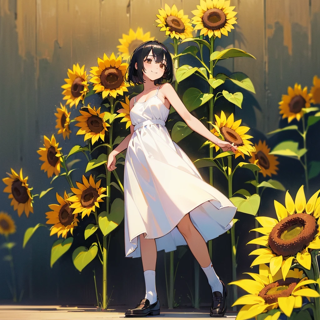 (high quality, High resolution, Very detailed, reality:1.37), Peaceful atmosphere, (Sunflower field), age girl standing alone, (my breasts are big.), Beautiful details, Cute Smile, (Black bob hair), White camisole dress, White socks, loafers.