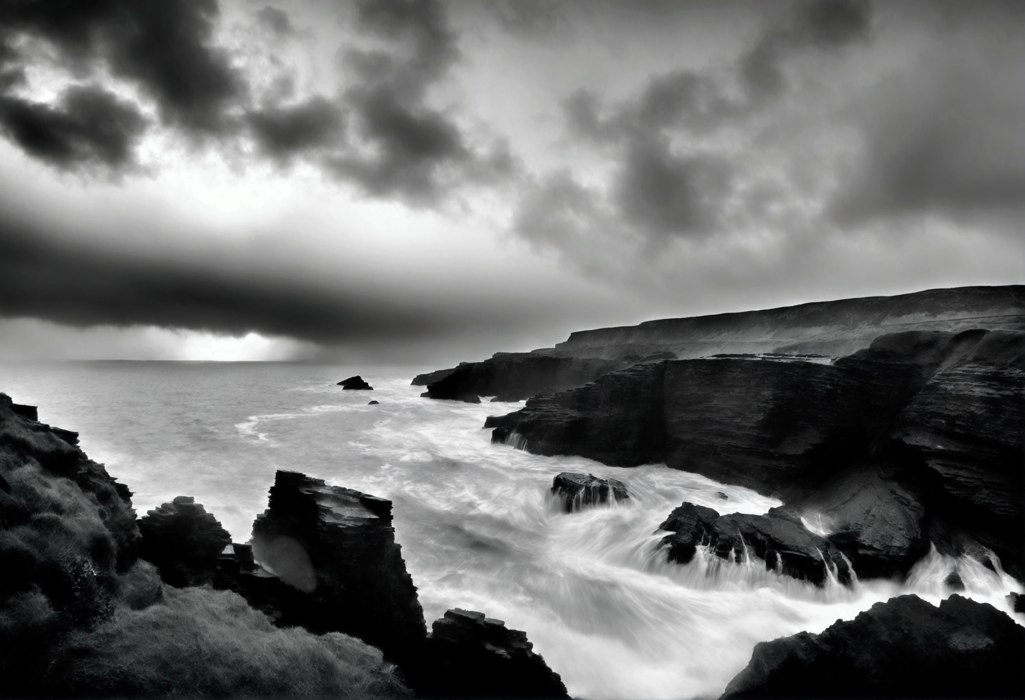 A dramatic coastal cliff, crashing waves, rugged coastline, film
camera, fisheye lens, stormy weather, moody seascape, black and white
film.