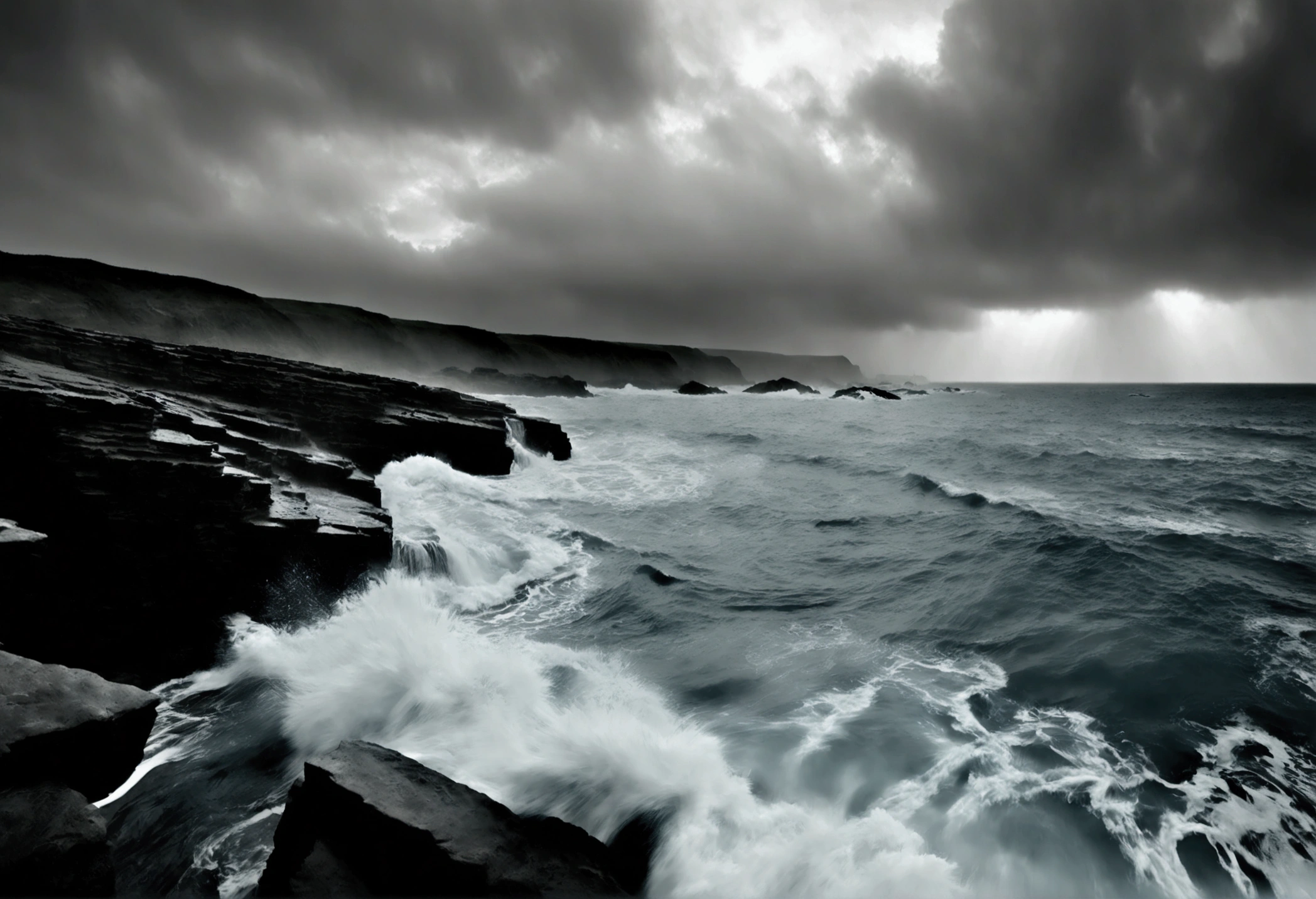 A dramatic coastal cliff, crashing waves, rugged coastline, film
camera, fisheye lens, stormy weather, moody seascape, black and white
film.