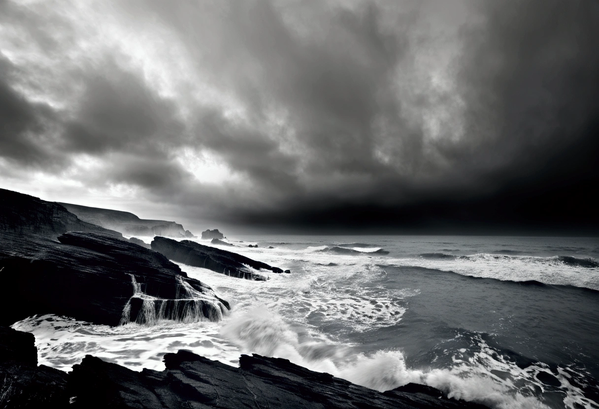 A dramatic coastal cliff, crashing waves, rugged coastline, film
camera, fisheye lens, stormy weather, moody seascape, black and white
film.