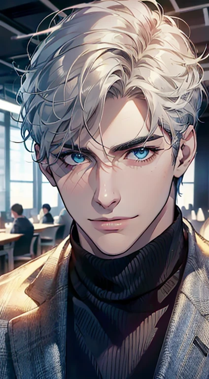 (best quality,4k,8k,highres,masterpiece:1.2),ultra-detailed,(realistic,photorealistic,photo-realistic:1.37),1 man,31 years old,mature man,very handsome,without expression,smile,short white hair,blue eyes,penetrating gaze,perfect face without errors,imposing posture,businessman,office background,cinematic lighting,hdr image