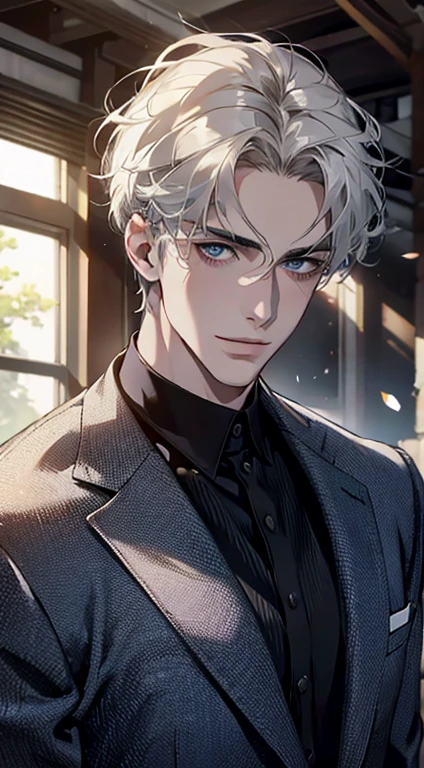 (best quality,4k,8k,highres,masterpiece:1.2),ultra-detailed,(realistic,photorealistic,photo-realistic:1.37),1 man,31 years old,mature man,very handsome,without expression,smile,short white hair,blue eyes,penetrating gaze,perfect face without errors,imposing posture,businessman,office background,cinematic lighting,hdr image