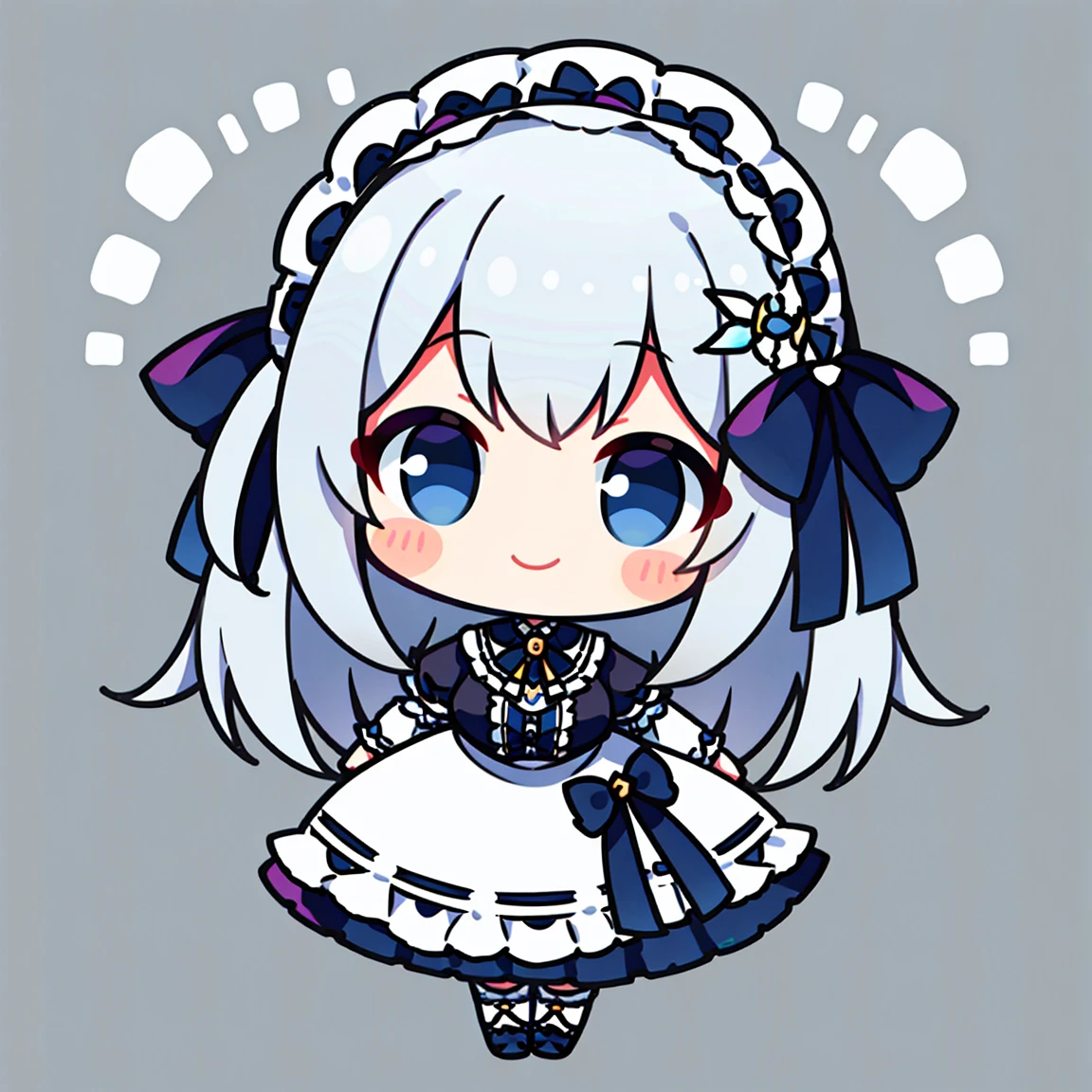 masterpiece, beautiful detailed, 1girl, Cartoon bones, chibi:1, Chibi, (lolita fashion), Silver Eyes, Silver hair, Hair Ribbon, medium breasts, hair ornament, hair intakes, ((smile)), Colorless solid background