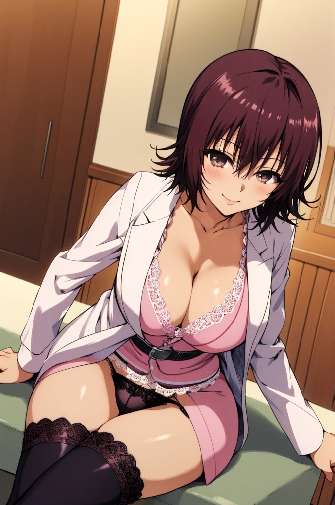 masterpiece, best quality, highres, aaryouko, short hair, cleavage, pink shirt, labcoat, belt, miniskirt, black skirt, black thighhighs, indoors, sitting, chair, smile, closed mouth,,(((lace panties))),huge breasts,open legs,spread legs