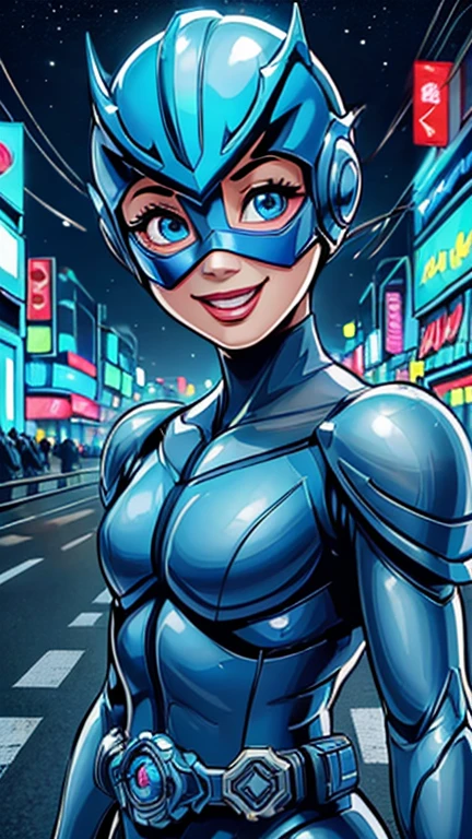 (8k),(masterpiece),(Japanese),(***************),((innocent look)),((Childish)),From the front,smile,cute,Innocent,Kind eyes,Flat chest,blue helmet,blue domino mask,Cinderella, bald,no Hair,Strong wind,night,dark, Neon light cyberpunk city,Kamen_Rider,camisa