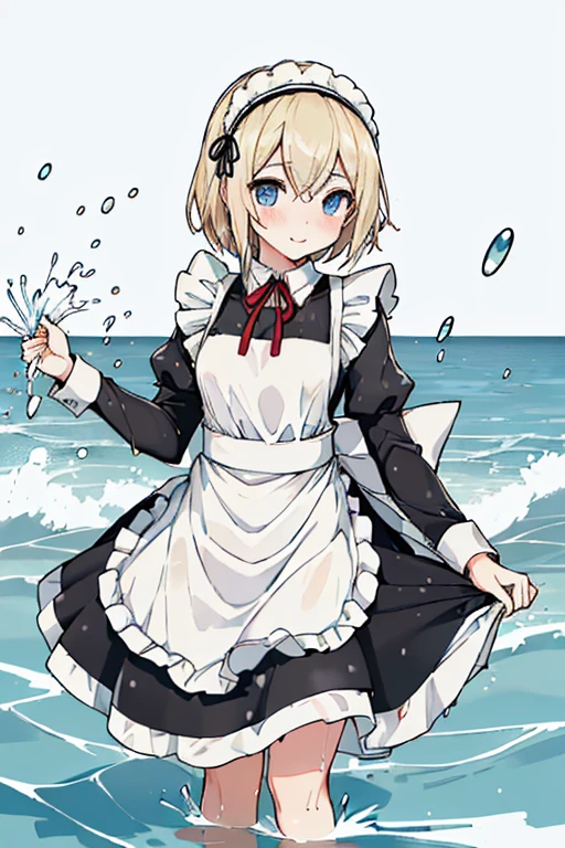 (Super best quality:1.6), (Highest quality:1.4), (Attention to detail:1.4), (Ultra-high resolution:1.4), 
(Maid clothes, White apron, Headband, Black Dress, ribbon, Maid clothes, Classic, Long:1.4), (白と黒のMaid clothes)
Ocean, Beach, (Wave, Wave打ち), 高Wave, 荒Wave, In the water, (Waterlogged), Water Play, 
((Even my clothes are wet:1.2)), ((Even my clothes are soaked in water:1.4)), (Water Drop:1.1), Soaking wet, ((Deep water depth:1.4)), ((Entering the water with clothes on)), ((The water is shoulder deep.:1.4))
Blonde, Blue Eyes, Cat ear, tail, cute, Naughty, The best smile, 全身にWater Drop, ((全身にWater Drop:1.1)), Long, 腕にもWater Drop, Water drips from the clothes, Small breasts, (Less exposed skin:1.4), Floating offshore, The clothes are sinking, Deeper, 