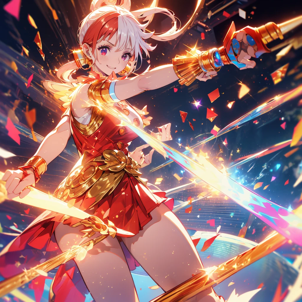 Red and white hair Idol Floating notes in the sky pendant Shiny earrings Flowing hair Live stage Bathed in light Open your mouth smile Hold the microphone Shining Aura Shining Crystal Eyes Confetti Particles of light ((Gold armer foods and arms)(Gold Big spear and Big shield)
