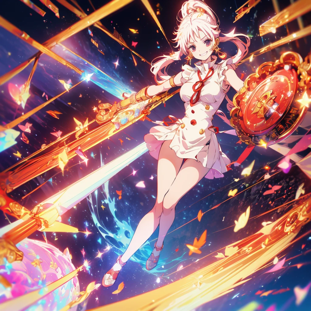 Red and white hair　Idol Floating notes in the sky　pendant　Shiny earrings　Flowing hair　Live stage　Bathed in light　Open your mouth　smile　Hold the microphone　Shining Aura　Shining　Crystal Eyes　Confetti　Particles of light  ((Gold armer foods and arms)(Gold Big spear and Big shield)
