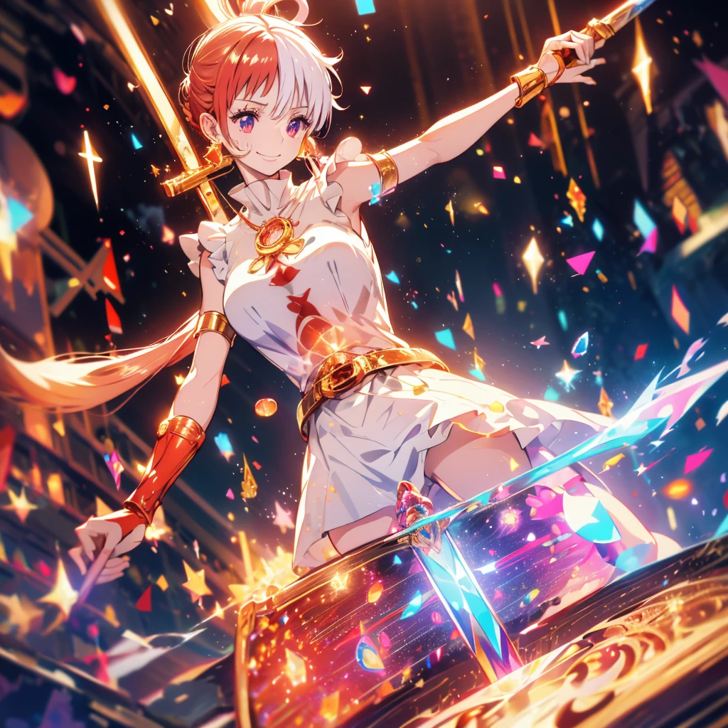 Red and white hair　Idol Floating notes in the sky　pendant　Shiny earrings　Flowing hair　Live stage　Bathed in light　Open your mouth　smile　Hold the microphone　Shining Aura　Shining　Crystal Eyes　Confetti　Particles of light  ((Gold armer foods and arms)(Gold Big spear and Big shield)
