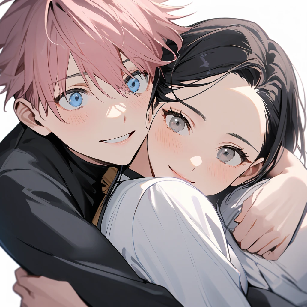 1 older woman with long, light pink hair and blue eyes,hugging unger boy with short black hair and gray eyes,(hug), ((Couple)),both with a white blouse and a black tie,smiling,White background, jujutsu kaisen style