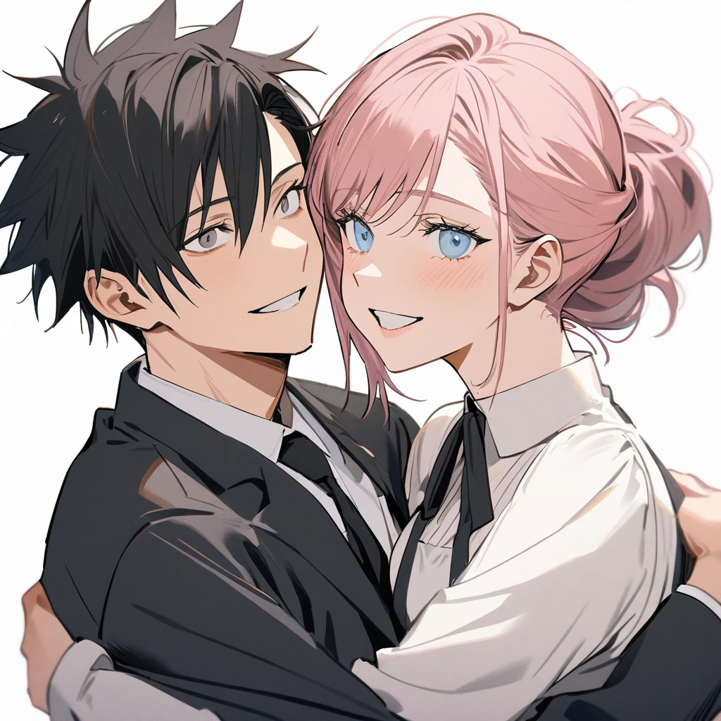 1 older woman with long, light pink hair and blue eyes,hugging 1 younger boy with short black hair and gray eyes,(hug), ((Couple)),both with a white blouse and a black tie,smiling,White background, jujutsu kaisen style