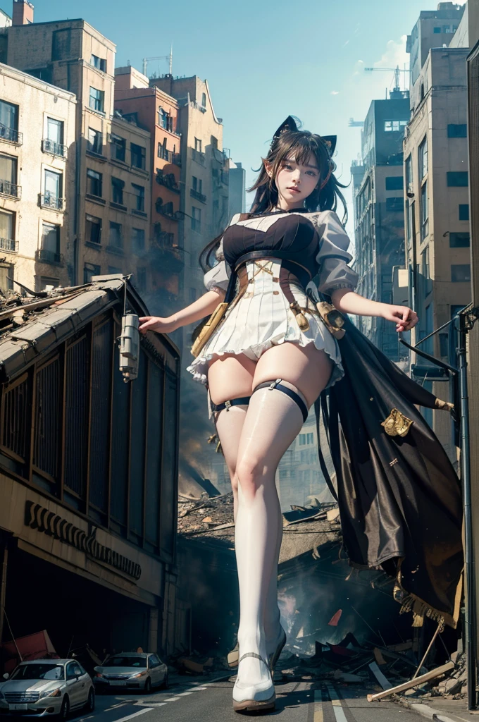 looking at the camera、steampunk、Standing on top of a ruined building、Big building explosion、The building collapses、Urban hustle and bustle、Traffic jam、City of Rubble、street tree、Car and bus、truck、taxi、City boulevard、Pedestrian bridge、Streetcar route((((Azur Lane Cheshire Cosplay))))、Frilled maid outfit、（(Super huge breasts)）、（(Plump thighs)）、Ground View，City of Giants,500 foot tall giant girl，skyscraper,Has super long legs,Step into the crowd，There are many people on the street,Knee-high socks，A happy look，Standing on the ruins，Beautiful appearance，Exquisite makeup，quality，8K，高quality，Perfect Proportions, Cinema Lighting，Film Grain，The Colors of Fuji，8K，Textured skin，Super Detail，High detail，high quality，High resolution，explode，False Smile、Reaching out