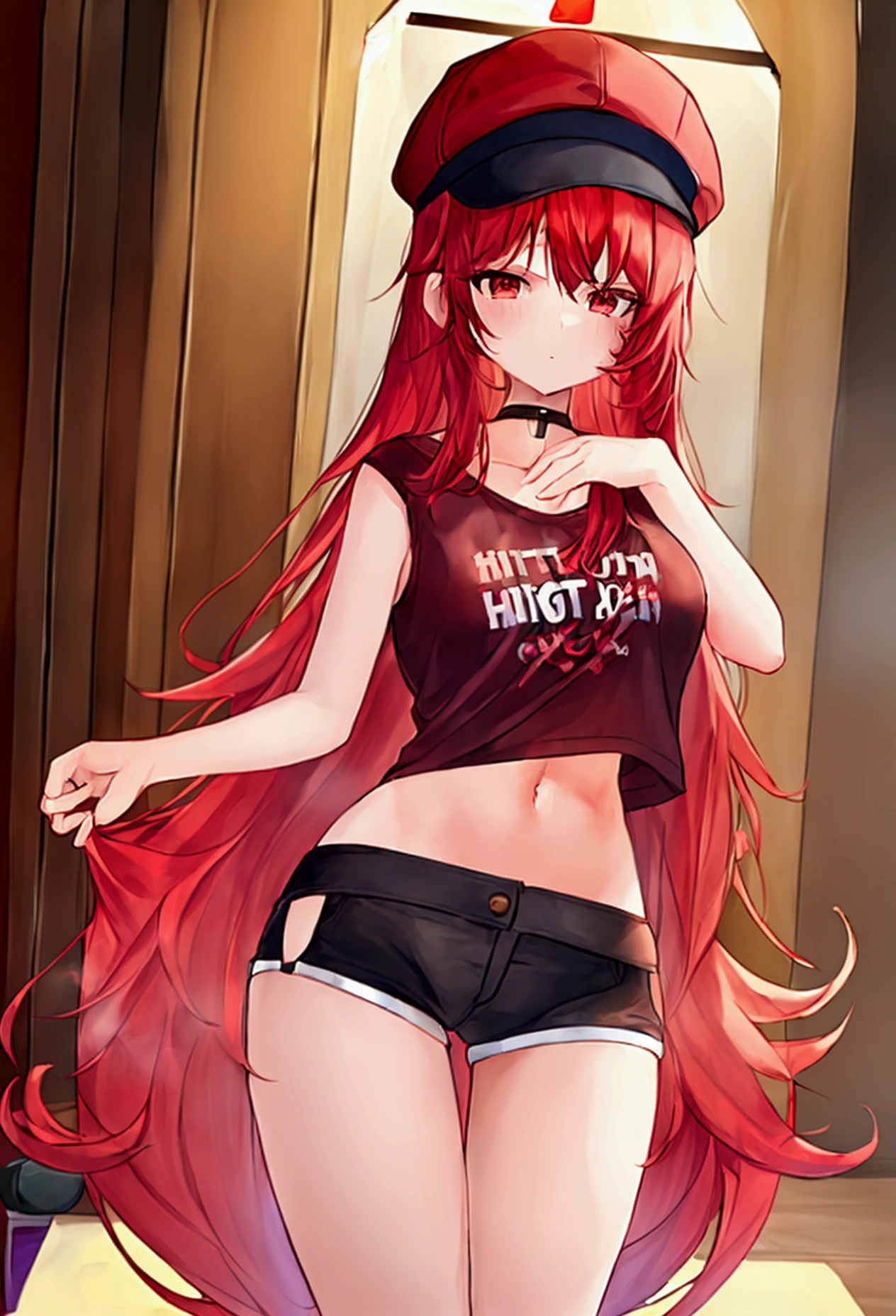 short, redheadwear, big hair that reaches the ass and straight, eyes browns, big-ass, Small breasts, wearing very short shorts and a shirt that reaches the chest.