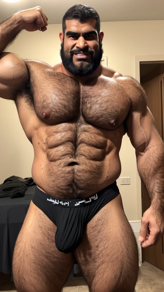 Extremely muscular, very hairy, rugged Arab daddy flexing his arms ((Sweaty)) ((Hairy)) ((Thick, full, curly black body hair all over)) ((Thick, excessive chest hair)) ((Curly, full pubic hair)) ((Thick, full happy trail of hair all over his abs)) ((Late 40s)) ((Extremely handsome)) ((Square jaw)) ((Sweating)) ((Smiling menacingly)) ((wearing black underwear)) ((black briefs)) ((Excessive pubic hair)) ((Short, military haircut)) ((Buzz cut)) ((Homoerotic)) ((Extremely realistic)) ((Seductive glare)) ((Unibrow)) ((unibrow)) ((caveman brow bone)) ((moustache)) ((head to toe)) ((full body)) ((hairier)) ((more hair)) ((ape)) ((more body hair)) ((extreme body hair)) ((fur)) ((dad bod)) ((very tan)) ((tan)) ((middle eastern)) ((Arab))