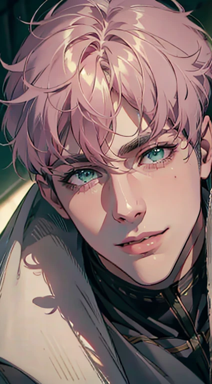 a mature man with short grey pink hair, green eyes, 31 years, and a perfect face, smiling in love, CEO, cinematic lighting, 1:4 HDR image, top view, ultra detailed, best quality, masterpiece, 8K, photorealistic, beautiful image