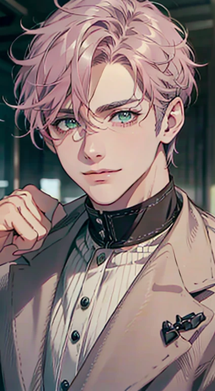 a mature man with short grey pink hair, green eyes, 31 years, and a perfect face, smiling in love, CEO, cinematic lighting, 1:4 HDR image, top view, ultra detailed, best quality, masterpiece, 8K, photorealistic, beautiful image