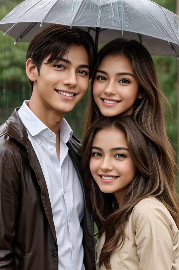 Could you create a mamhwa boy who is not a realistic human, I mean blonde?, light brown eyes, thin and a beautiful smile and next to him a girl with white skin, long brown hair and light brown eyes looking at each other in the rain
