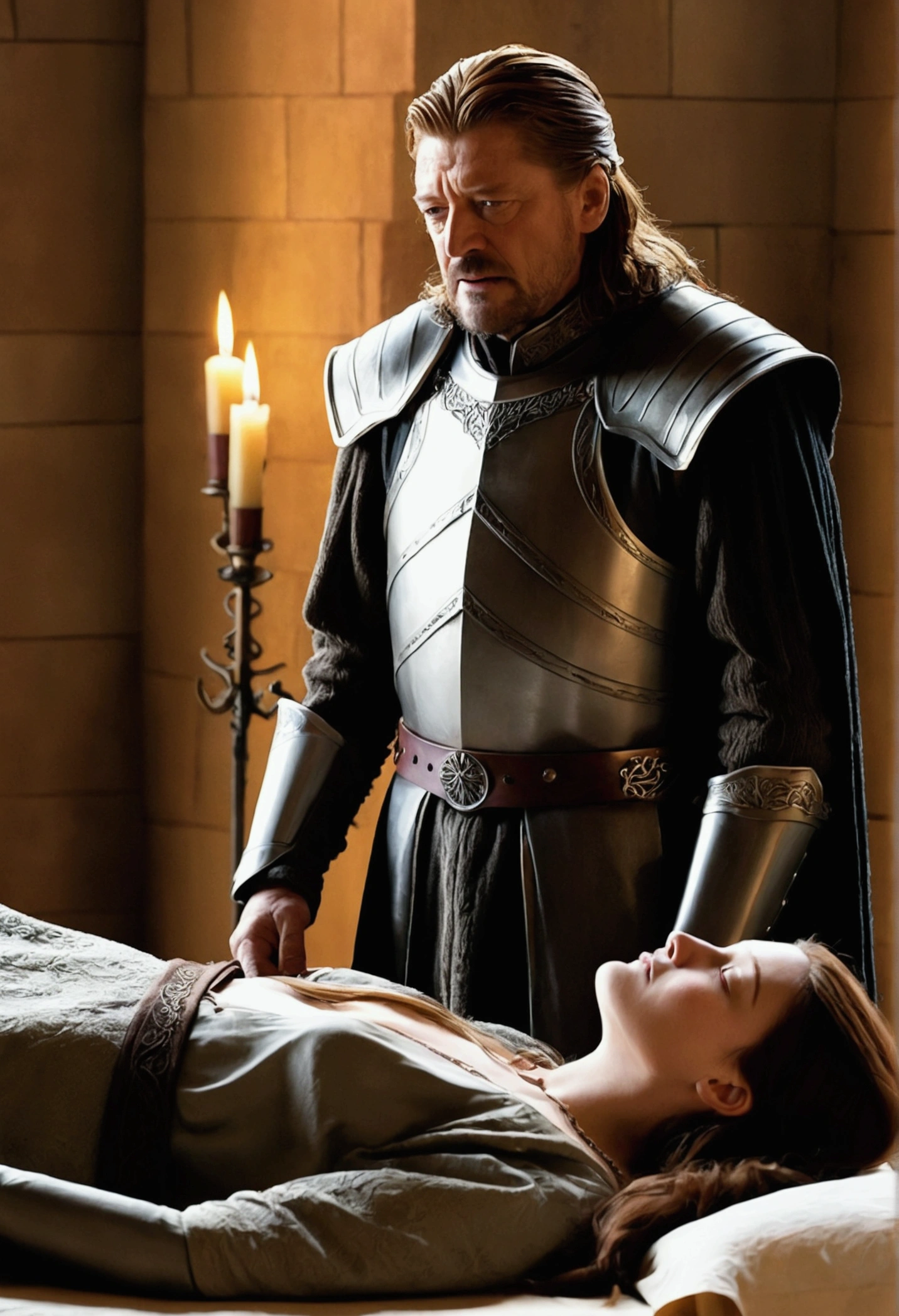 Eddard Stark speaking to a dying Lyanna Stark who layes on bed