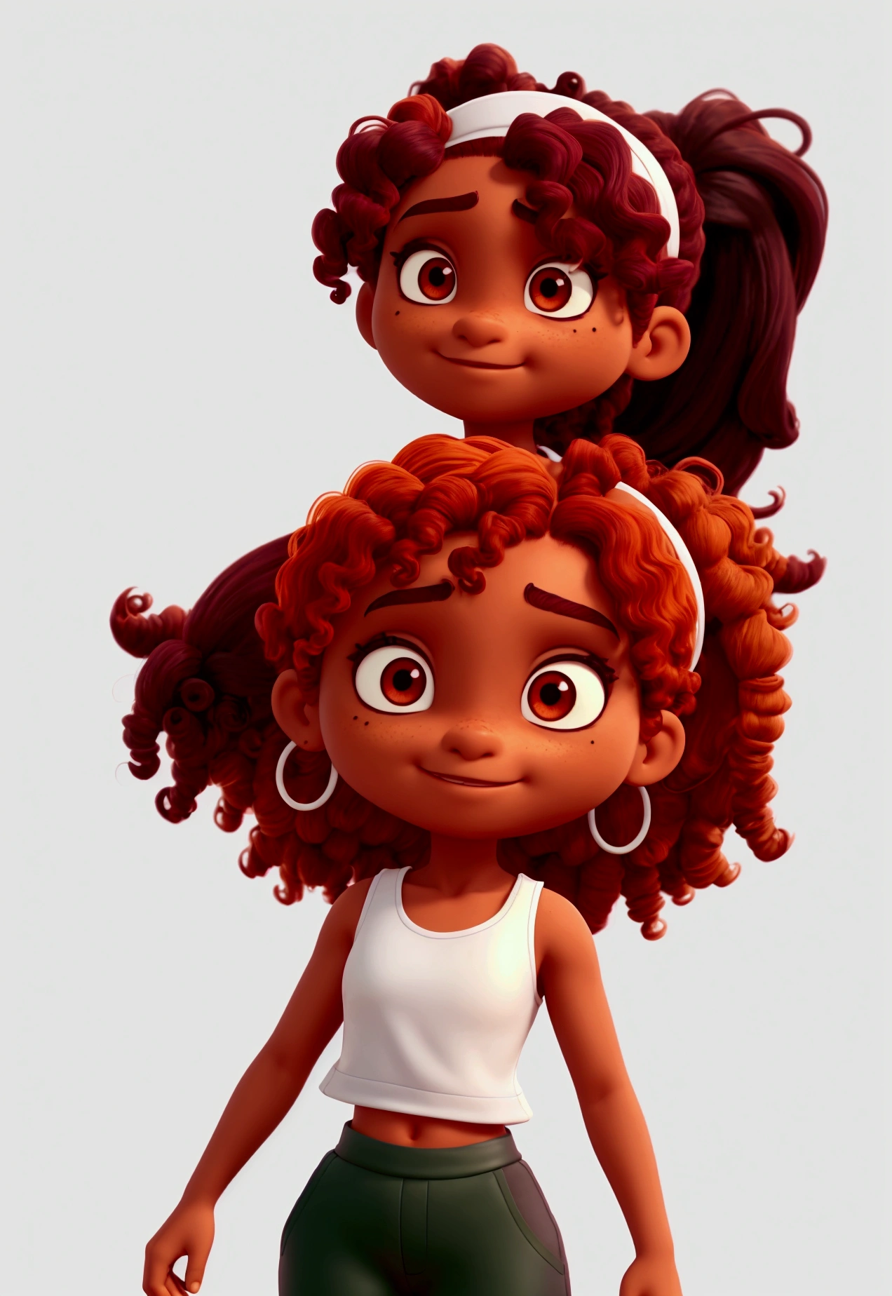  with black skin (maroon) and orange curly hair. Ponytail and loose side strands, Bangs that cover the eyes (deep-set, completely black eyes). wide nose. roupas de menino (green loose pants and white tank top). Represent her brave, in a fighting pose.