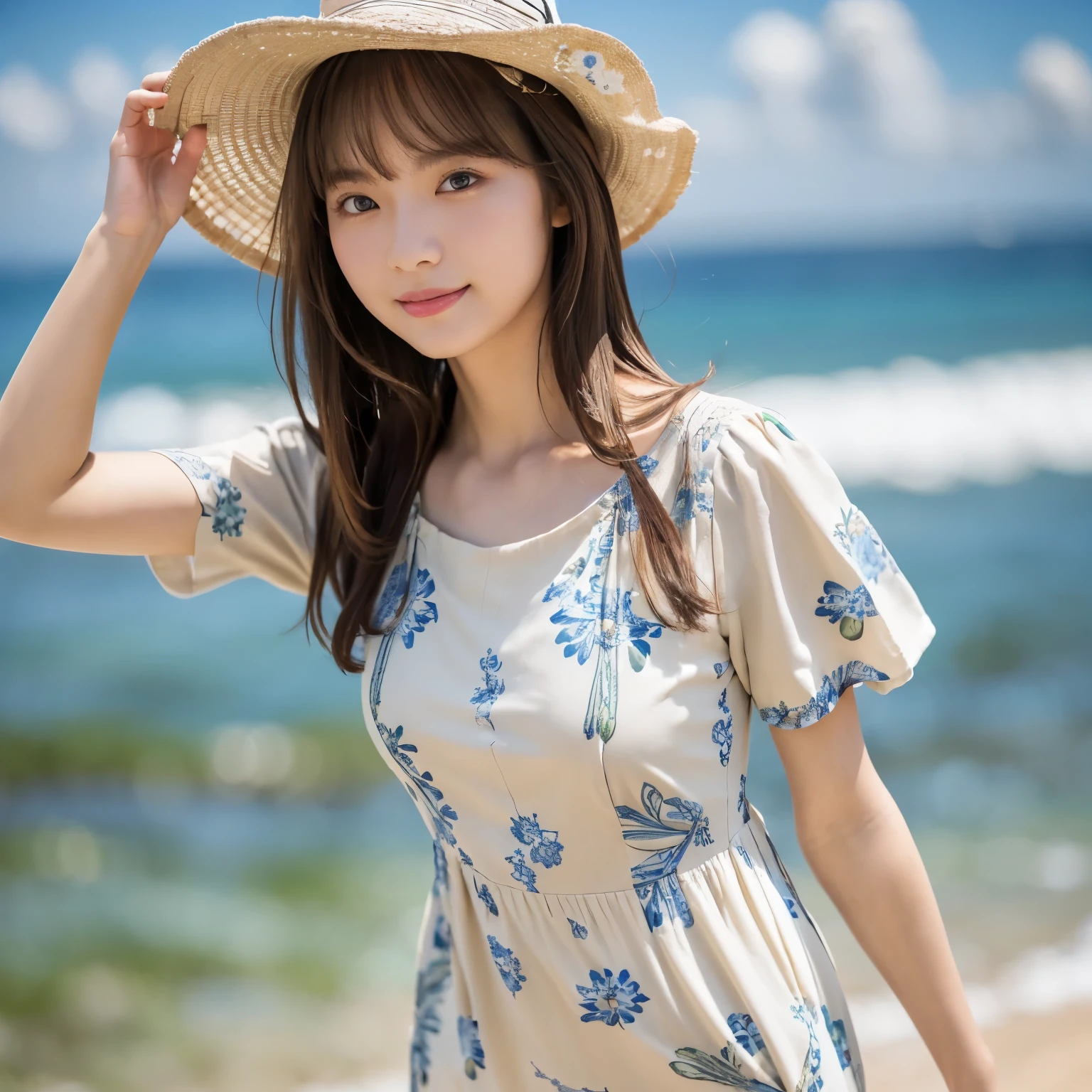 (Calm and gentle look:1.5), (Full Body Shot:1.1), (panorama:1.8), Cinema Lighting, ((Highest quality)), (RAW Photos, Highest quality), ( Realistic:1.4), realism, masterpiece, Very delicate and beautiful, Very detailed, 4k wallpaper, wonderful, finely, Very detailed CG unity 8k wallpaper, Very detailed, High resolution, Soft Light, Japanese, (one shot:1.9), (24-years-old:1.6), (Round face:1.2), (Fat:0.8), (A neat and clean woman:1.5), Beautiful detailed woman,Famous Japanese actresses, Detailed face, finelyて美しい目, Very detailedな目と顔, Beautiful eyes and a beautifully detailed nose, Ultra HD glossy lips, ( Straight Bob:1.4), Shiny Hair, Shiny Hair, Brown Hair, (bangs:1.4), Long, slender legs, Toned body, (Smiling:1.2), Natural Makeup, (LET IT PASS, Small floral pattern, Short sleeve dress:1.8), (A very intricate and elaborately decorated pale yellow dress:1.3), (Boater hat:1.2), Accentuate your body lines, (pumps:1.2), (Strolling along the beach:1.2), (Deep blue midsummer sky, cumulonimbus, The emerald green sea stretches out to the horizon:1.3),